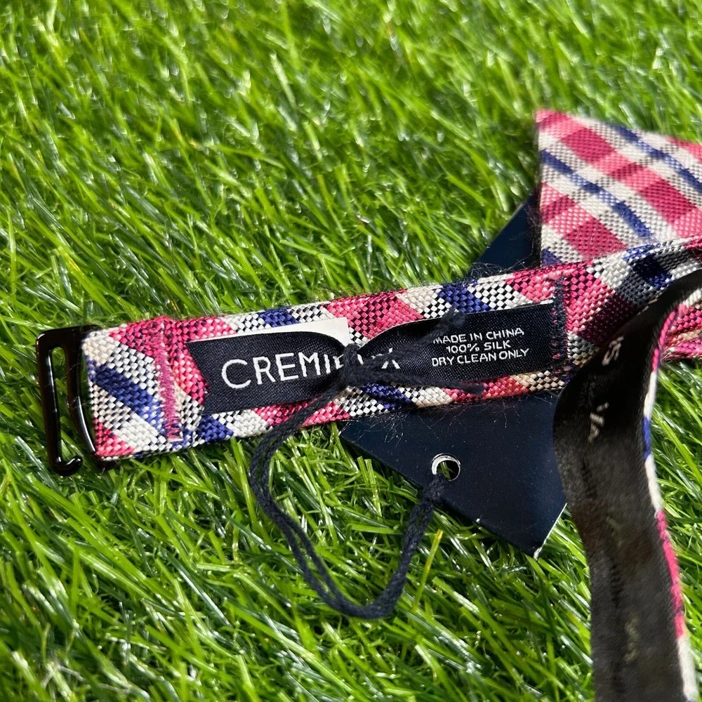 Cremieux Plaid Silk Bow Tie Mens One Size Pink Blue Self Tie Adjustable NWT
